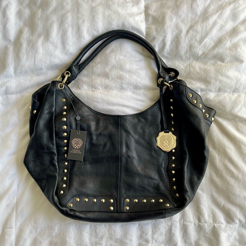 Vince Camuto Black Pebbled Leather Studded Hobo Shoulder Bag NWT Gold Hardware